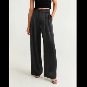 Black satin pleated wide leg trousers
